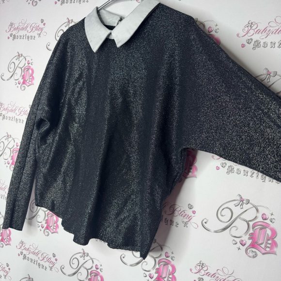 Sioni Milano top long sleeve collar sparkly black silver new with tags shimmer - Picture 2 of 8
